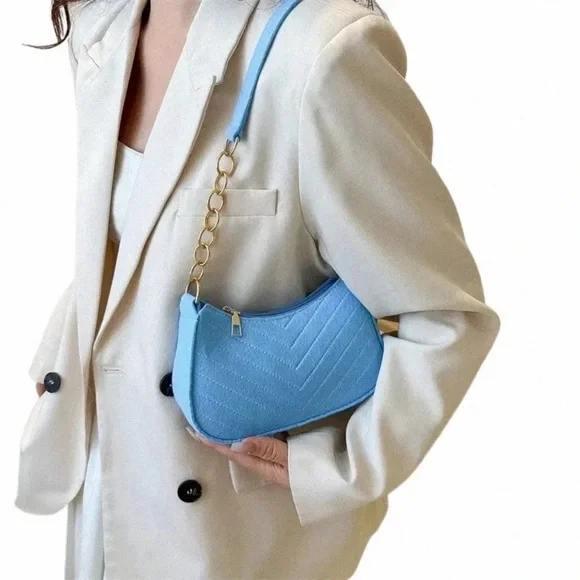 Felt Cloth Shoulder Bag Purses Handbag Underarm Light Blue